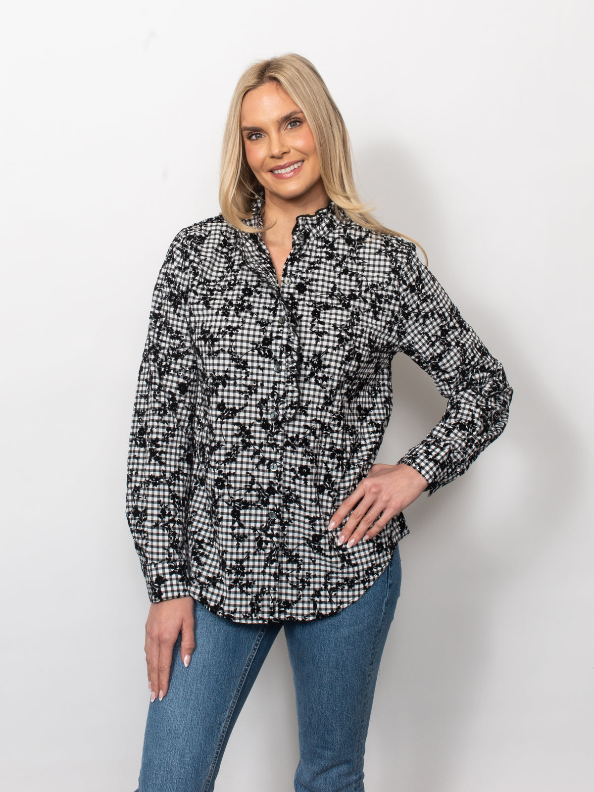 Gingham Flocked Ruffle Neck Button Shirt