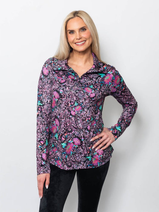 Microfiber Wide Collar Zip Neck Top