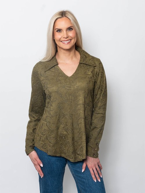 Embroidered Suede Johnny Collar Shirt