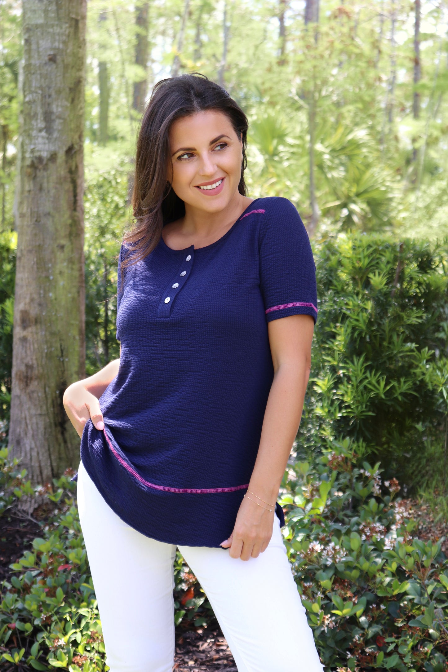 Seersucker Contrast Short Sleeve Henley Top