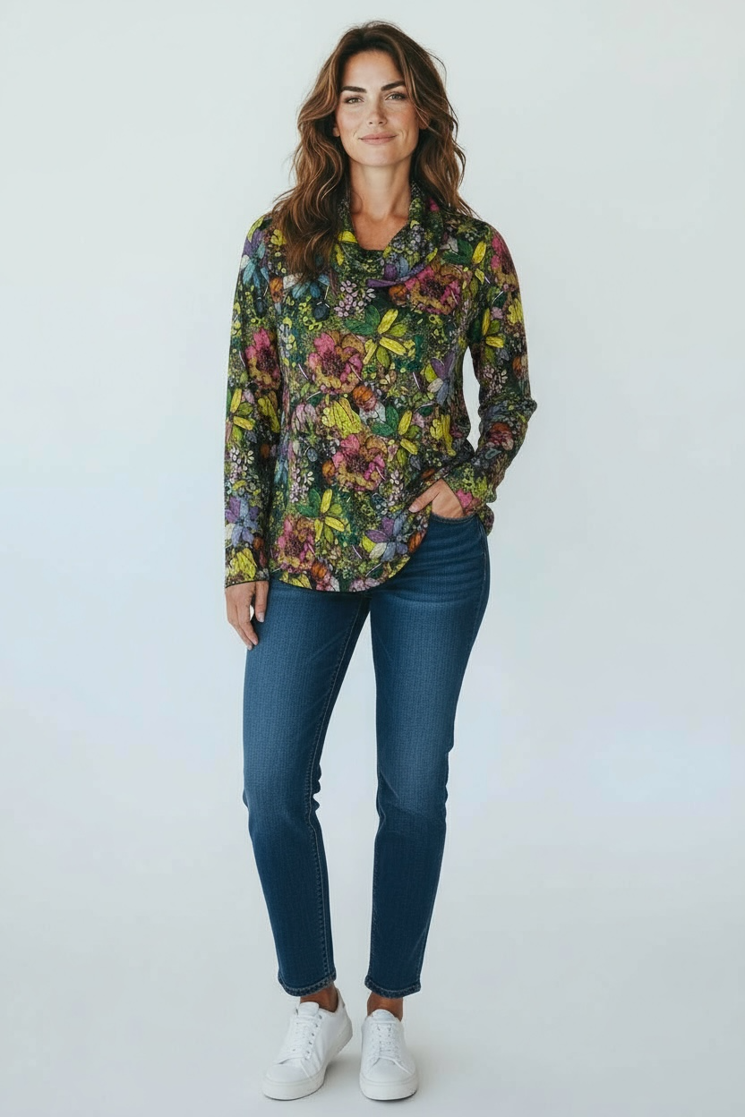 Printed Crinkle Cowl Neck Top