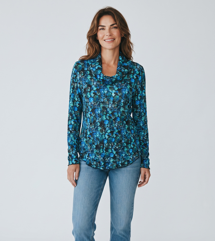 Printed Crinkle Cowl Neck Top