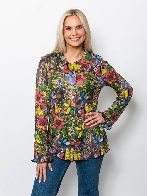 Printed Crinkle Ruffled Hem Button Up Shirt