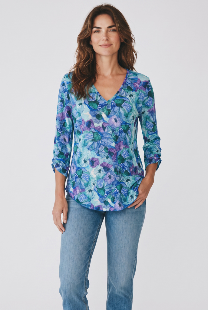 Printed Crinkle V-Neck Top