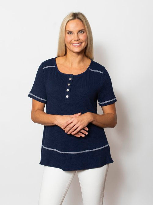 Seersucker Contrast Short Sleeve Henley Top