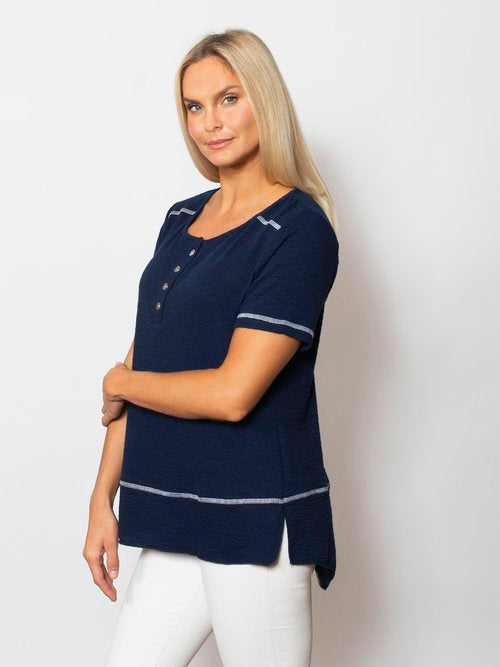 Seersucker Contrast Short Sleeve Henley Top