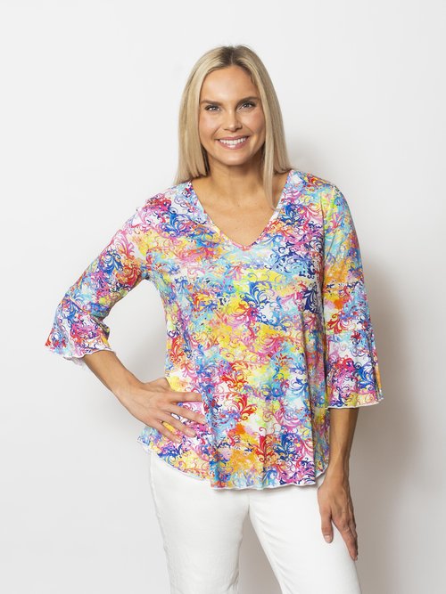 Viscose V-Neck Flounce Sleeve Top