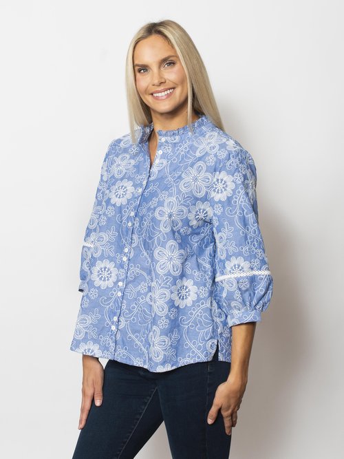 Embroidered Button Ruffle Shirt