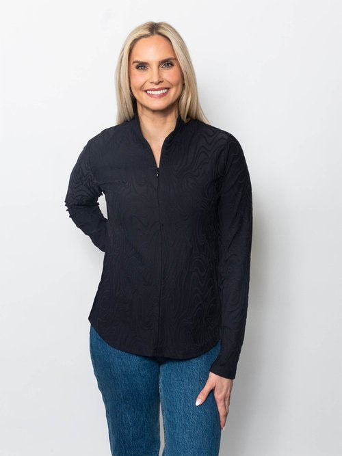 Swirl Jacquard Concealed Quarter Zip Neck Top