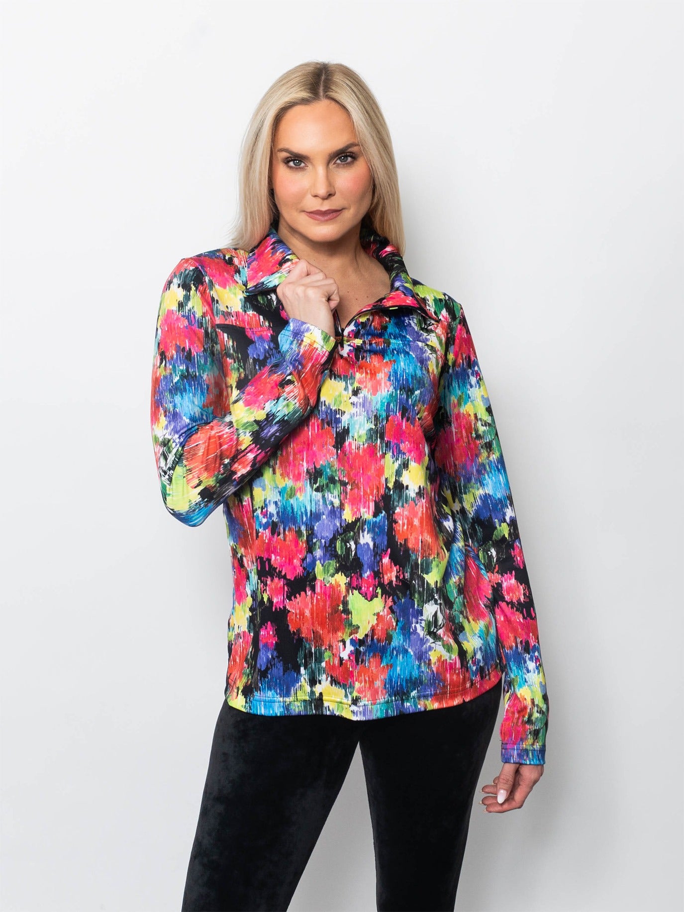 Microfiber Wide Collar Zip Neck Top