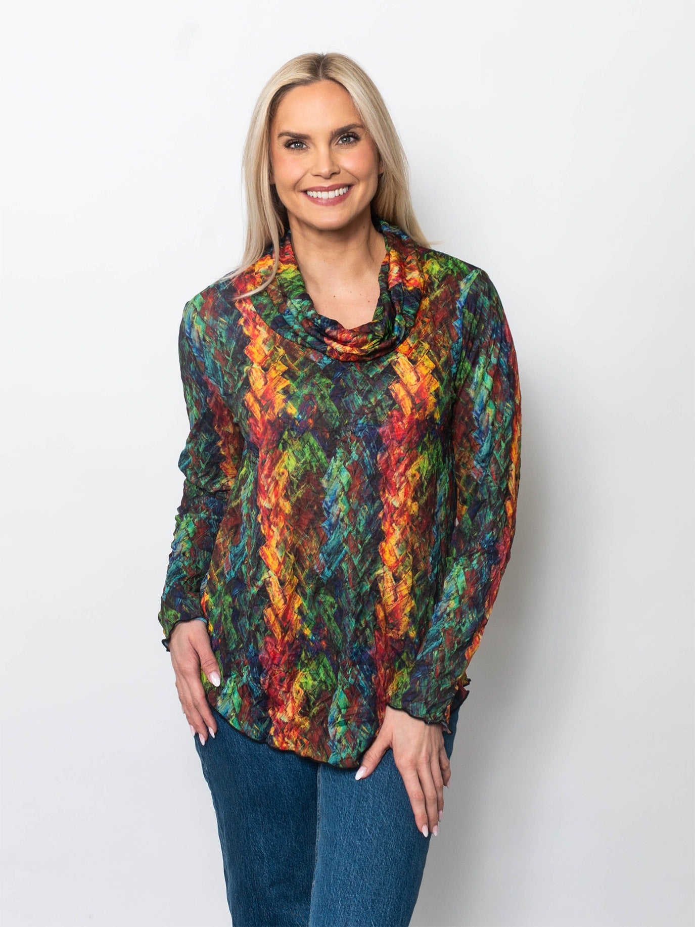 Printed Crinkle Cowl Neck Top