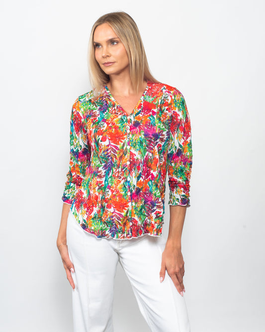 Printed Crinkle V-Neck Button Shirt