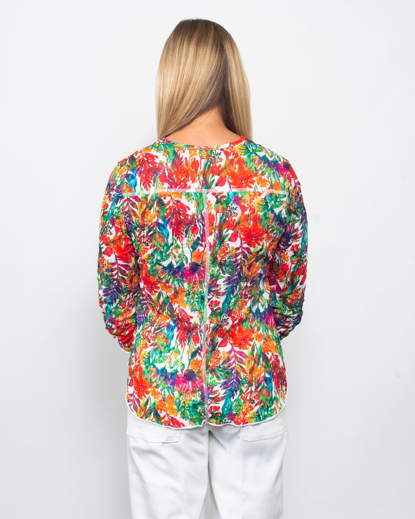 Printed Crinkle V-Neck Button Shirt