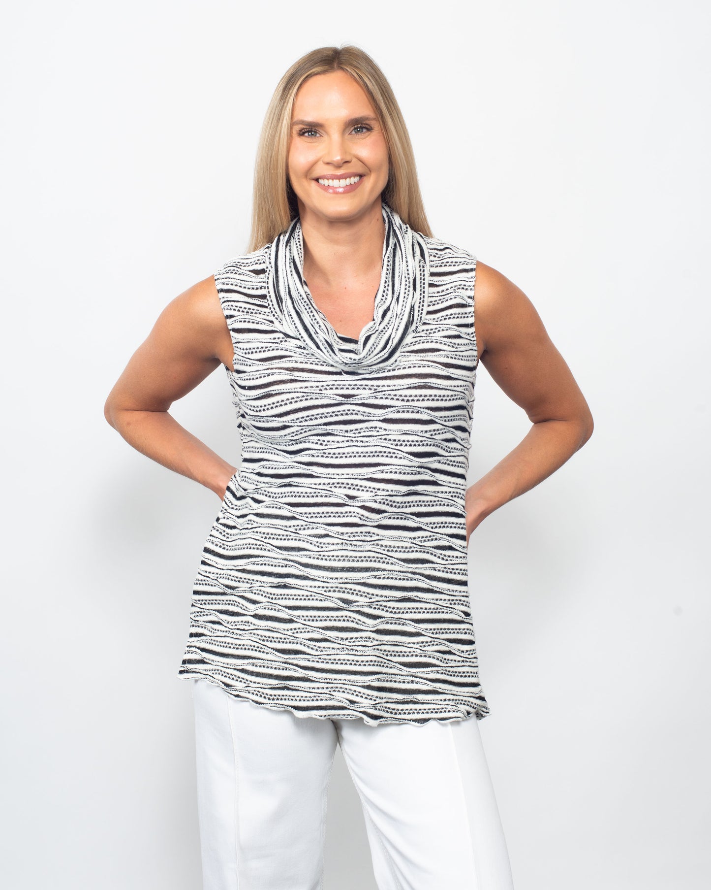 Twisted Stripe 3/4 Sleeve Cowl Neck Tank