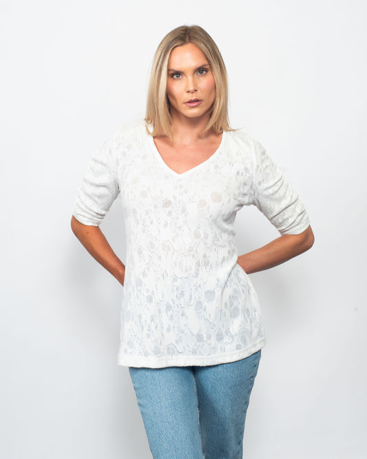 Open Knit V-neck Ruched Sleeve Top