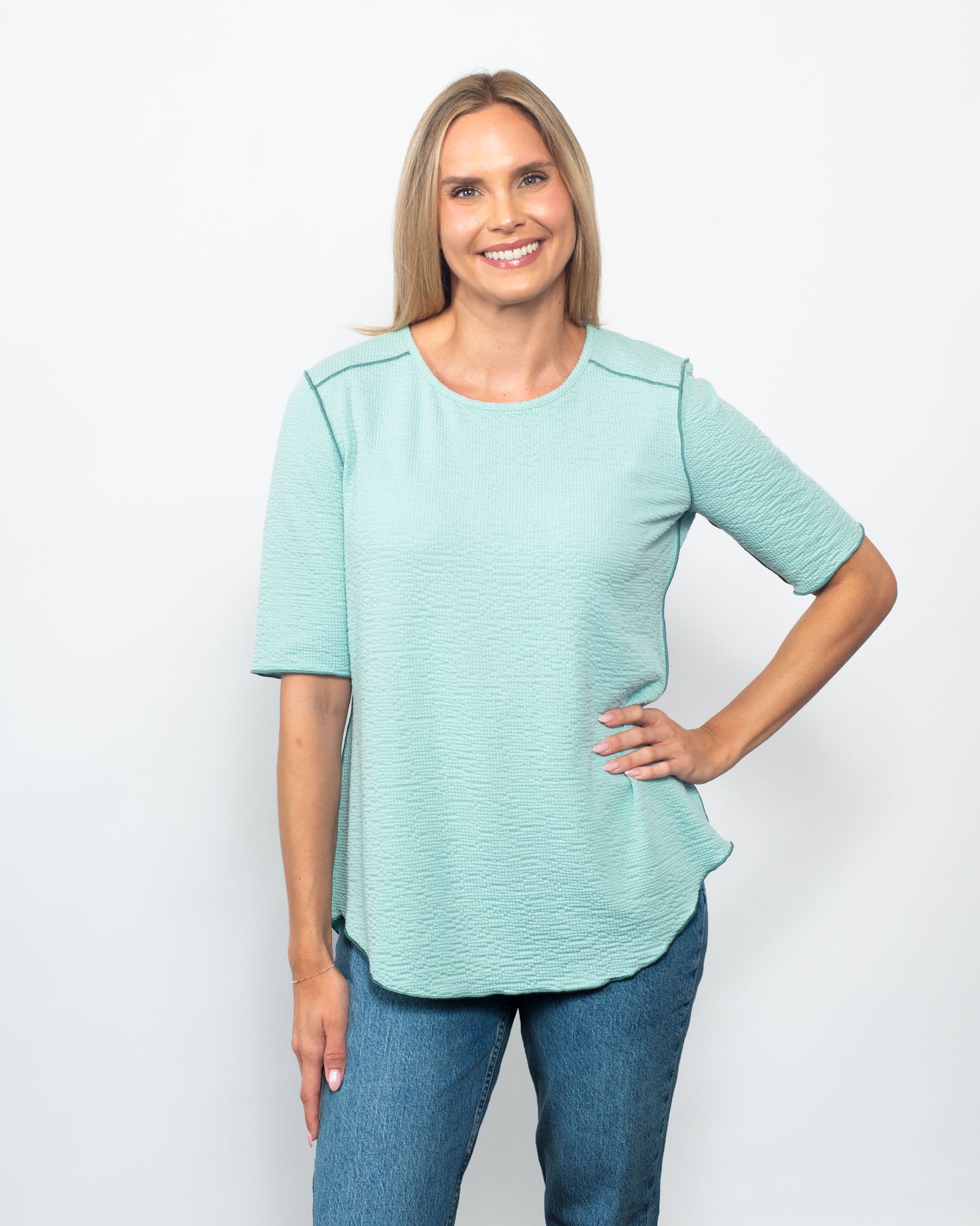 Seersucker Contrast 3/4 Sleeve Top