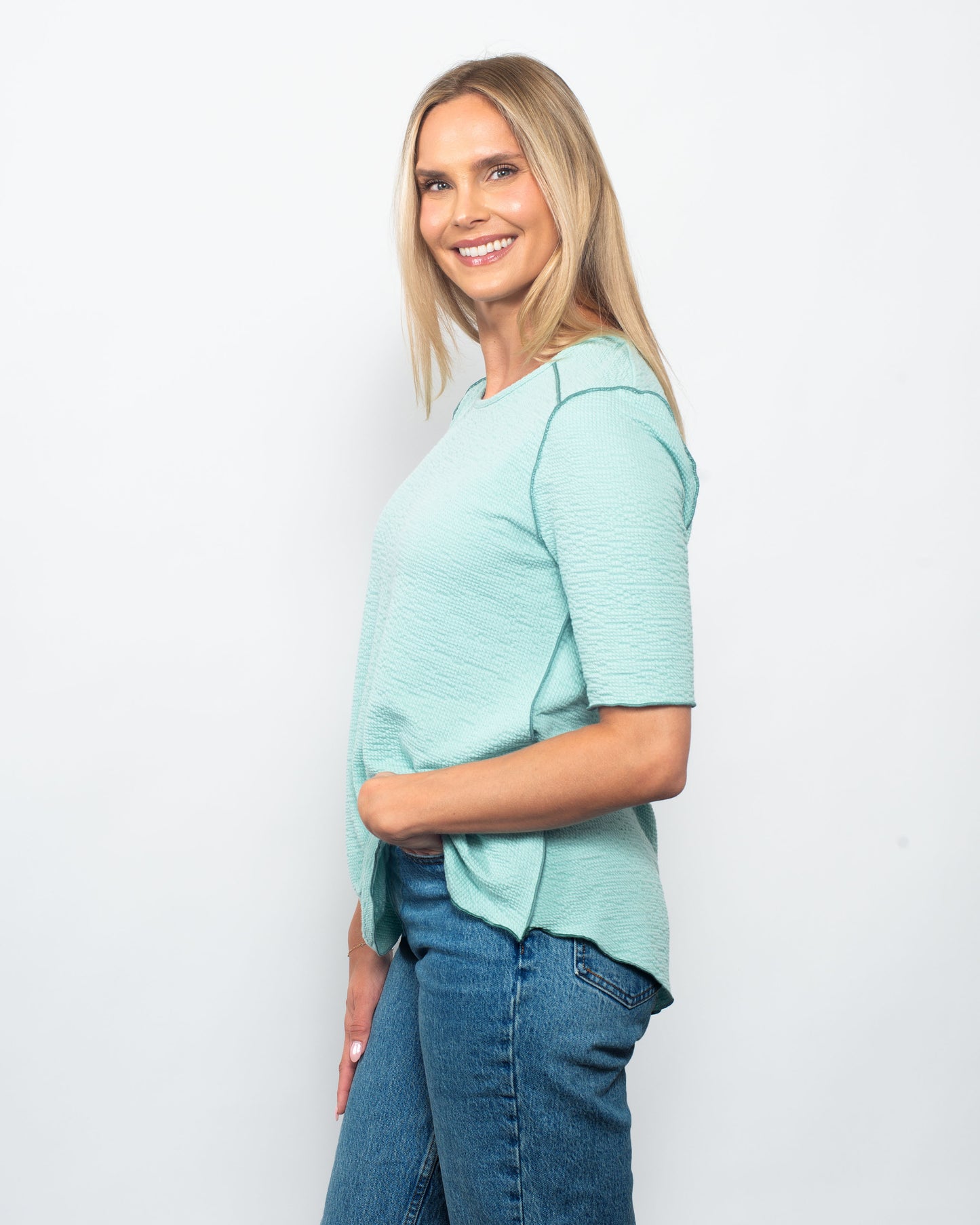 Seersucker Contrast 3/4 Sleeve Top