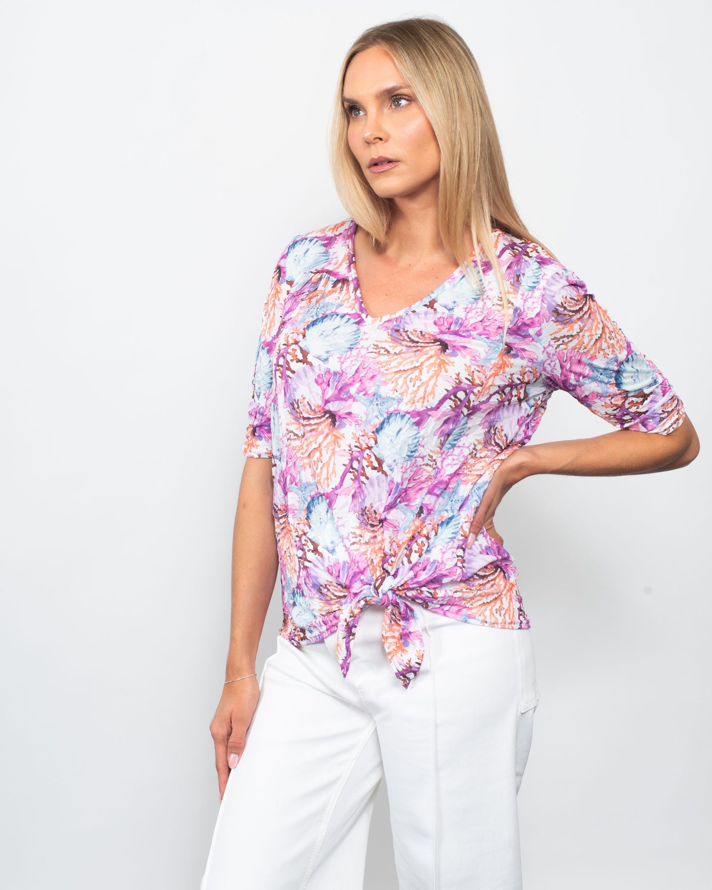 Crinkle V-Neck Tie Front Top