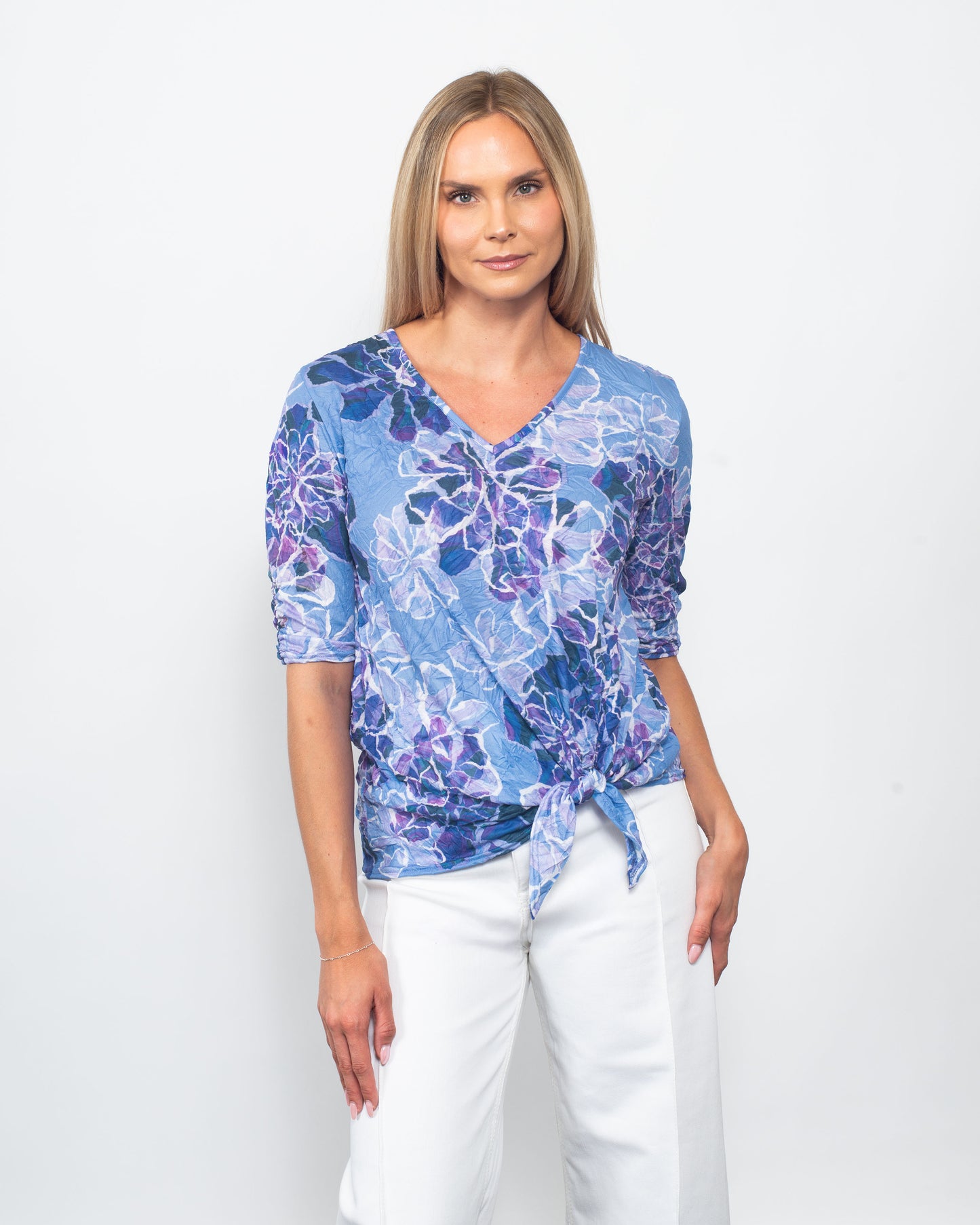 Crinkle V-Neck Tie Front Top