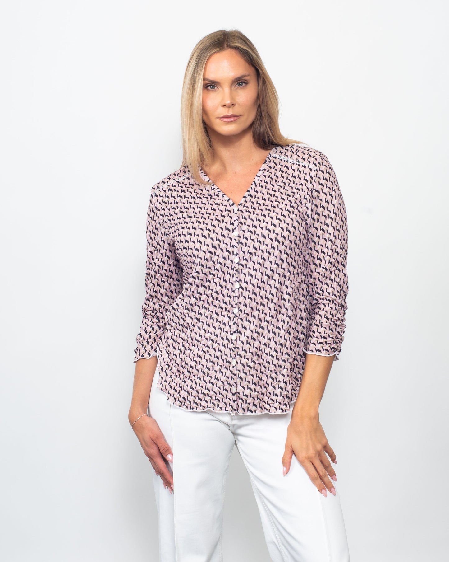 Printed Crinkle V-Neck Button Shirt