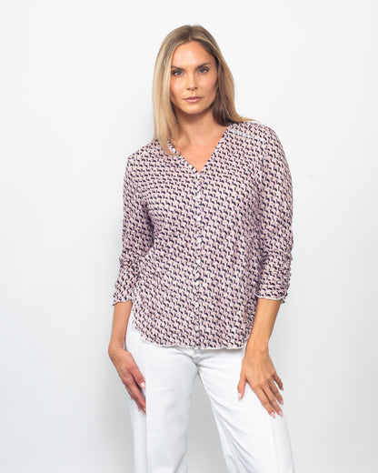 Printed Crinkle V-Neck Button Shirt