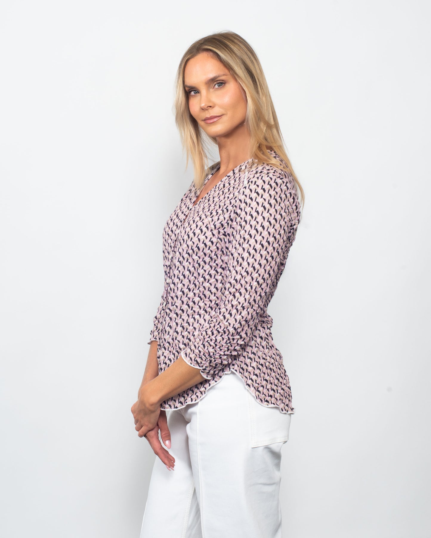 Printed Crinkle V-Neck Button Shirt