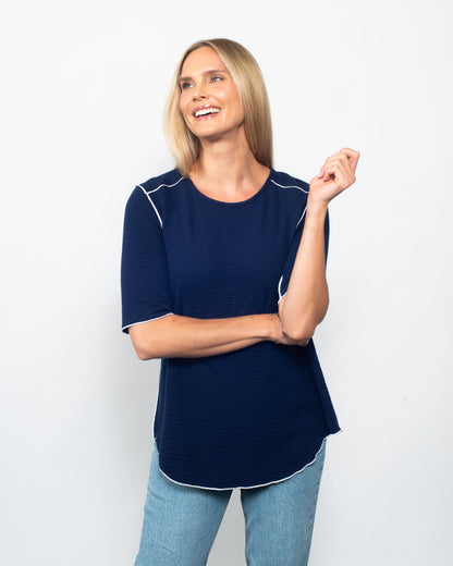 Seersucker Contrast 3/4 Sleeve Top
