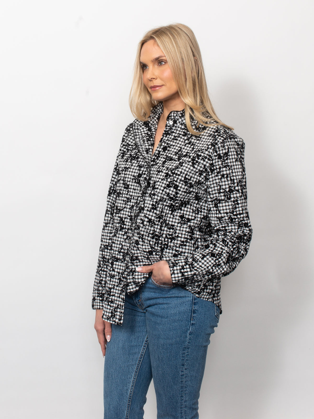 Gingham Flocked Ruffle Neck Button Shirt