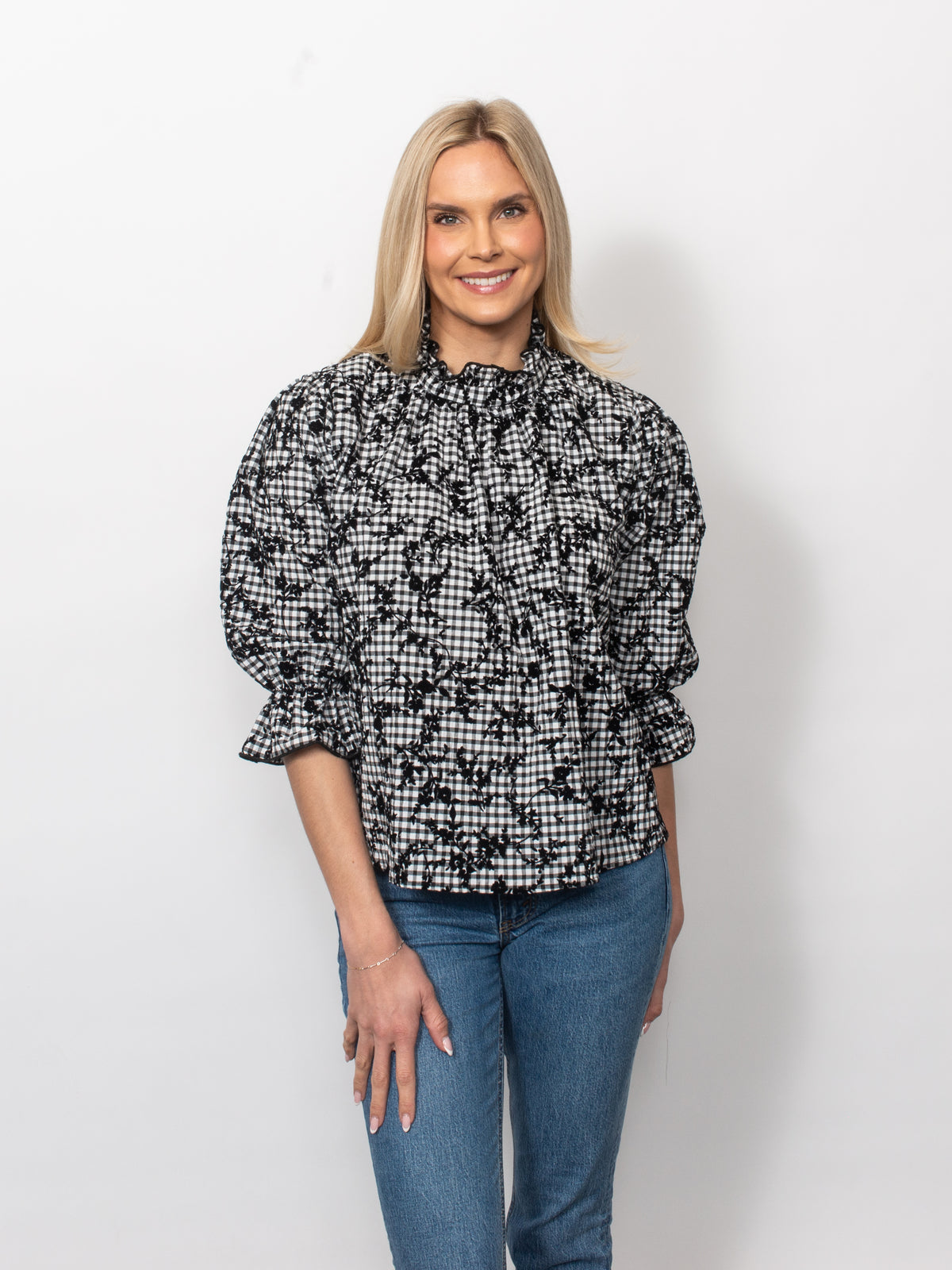 Gingham Flocked High Collar Shirt