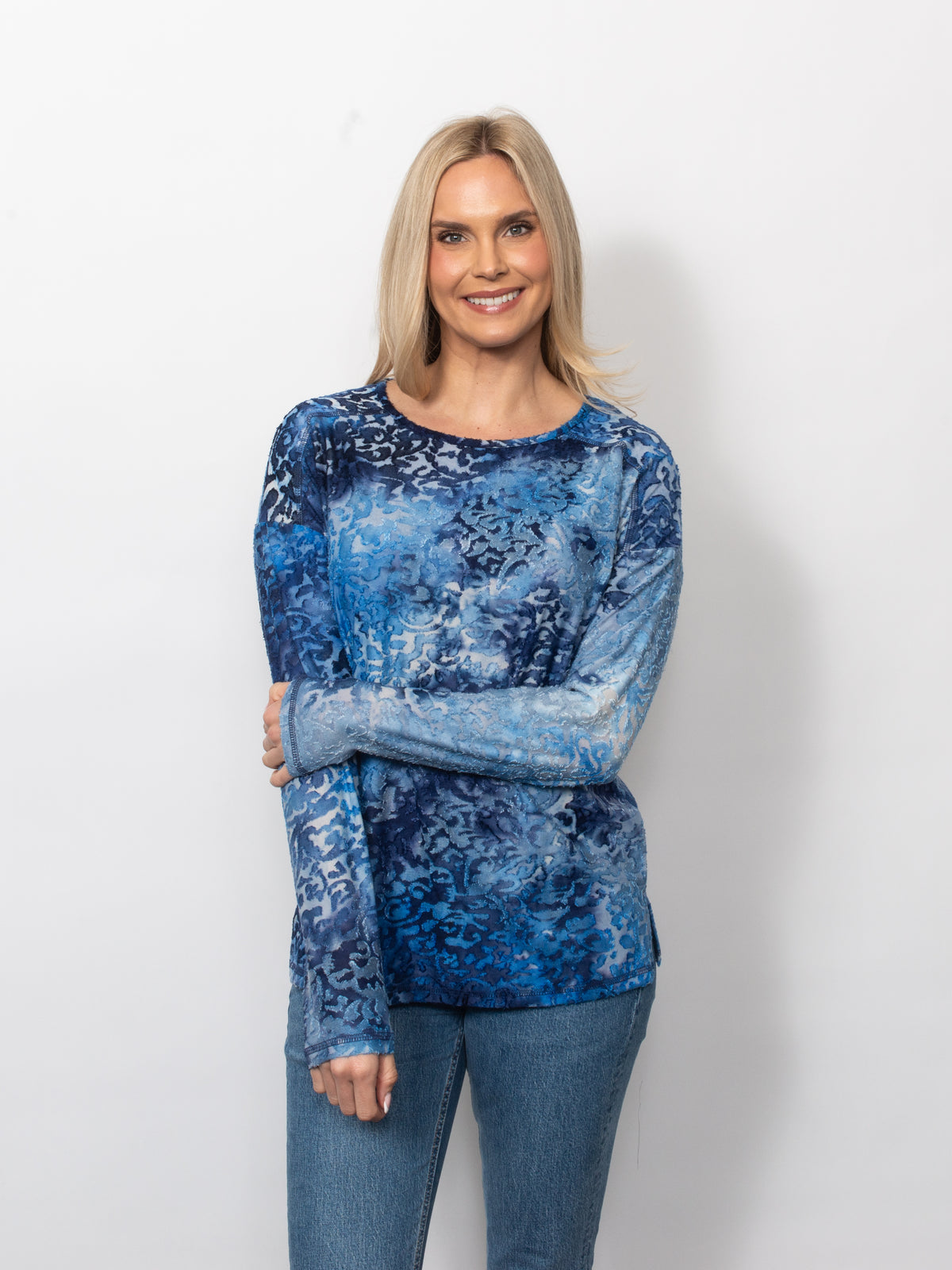 Tie Dyed Burnout Eyelash Crew Neck Top