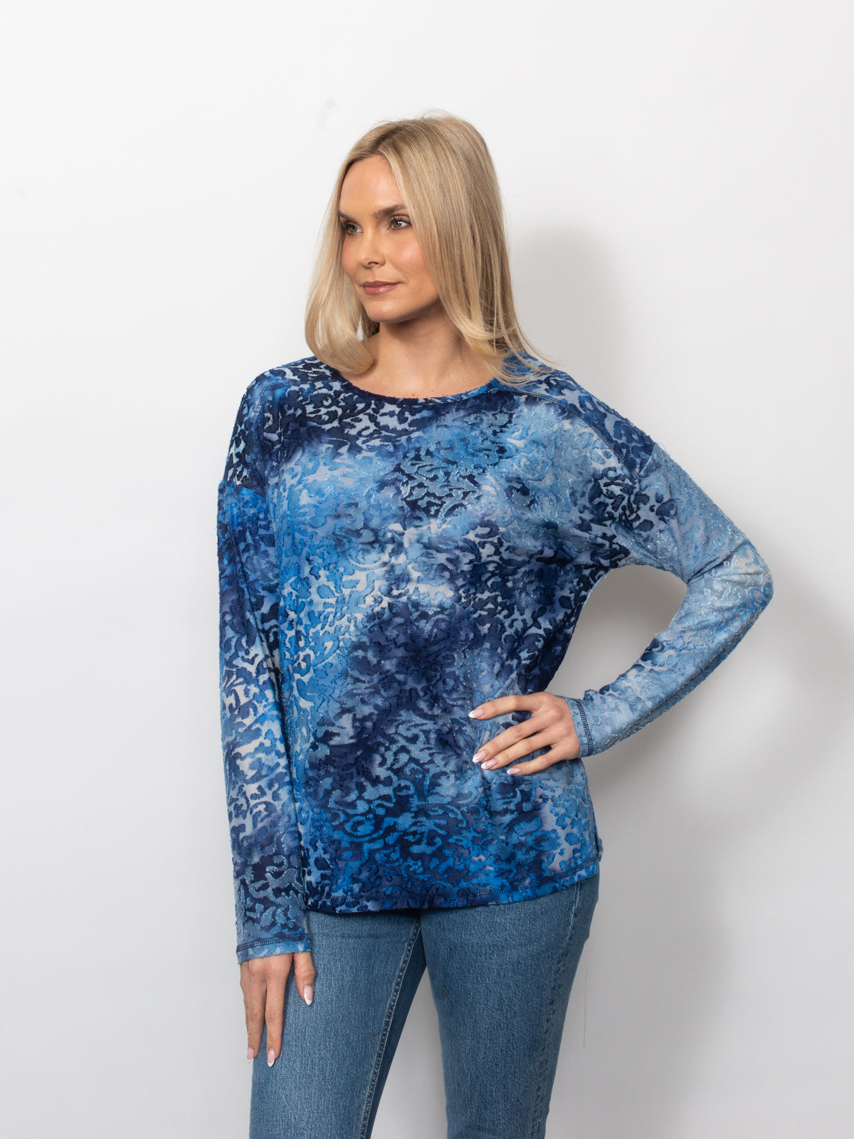 Tie Dyed Burnout Eyelash Crew Neck Top