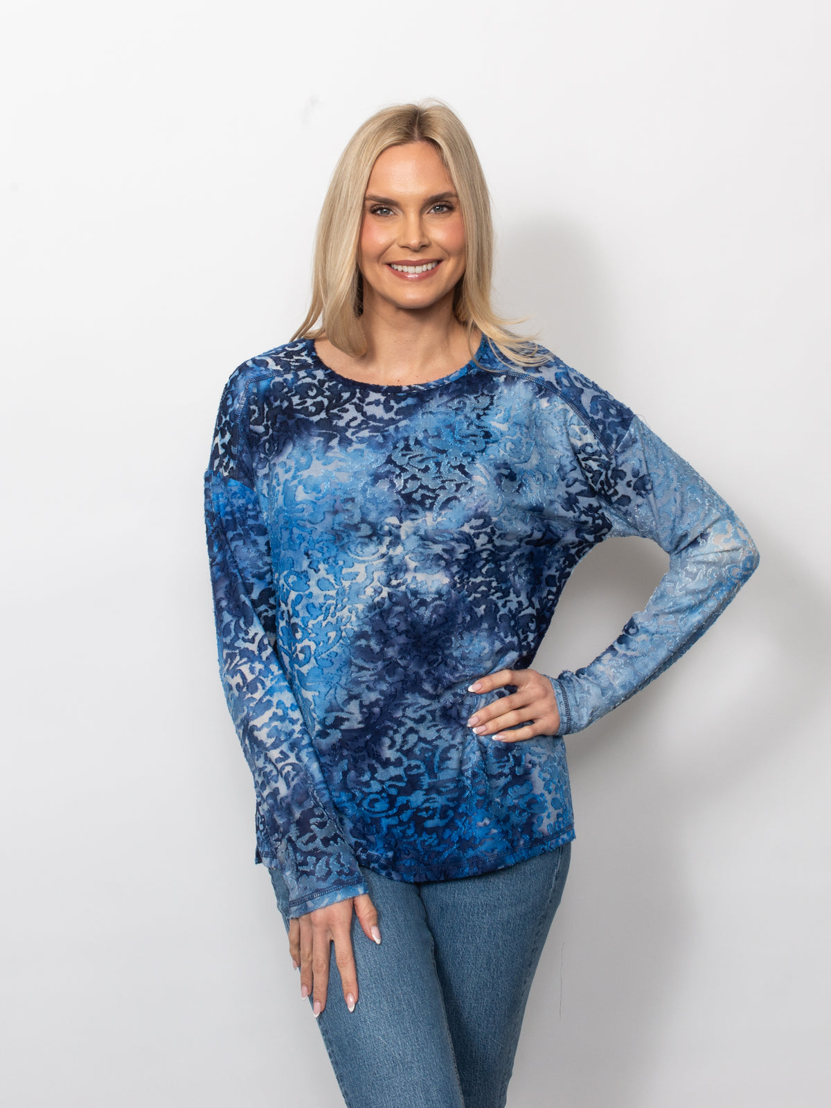 Tie Dyed Burnout Eyelash Crew Neck Top