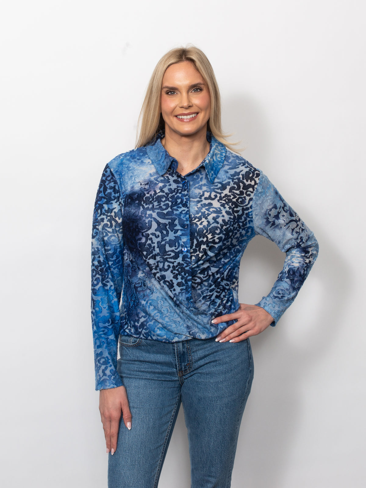 Tie Dyed Burnout Eyelash Twist Front Button Shirt