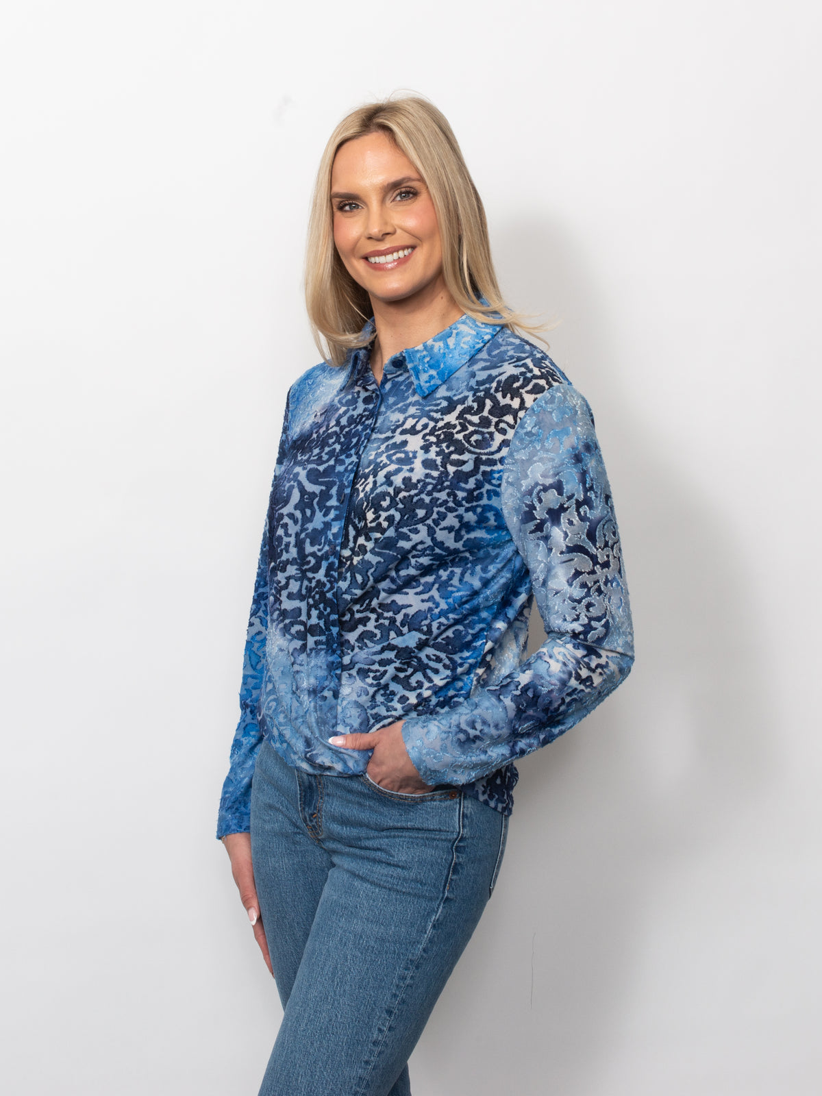 Tie Dyed Burnout Eyelash Twist Front Button Shirt