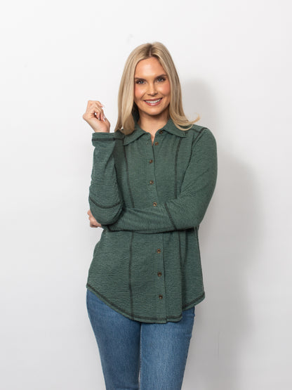 Seersucker Contrast Stitching Button Up Shirt