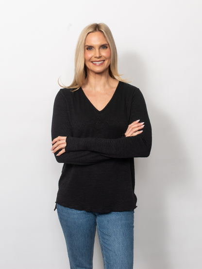 Seersucker V-Neck Top With Thumbholes