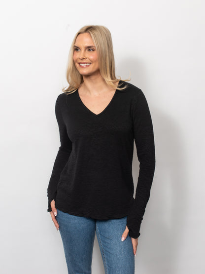 Seersucker V-Neck Top With Thumbholes