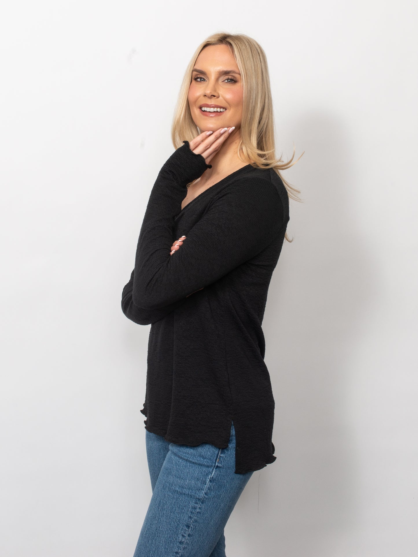 Seersucker V-Neck Top With Thumbholes