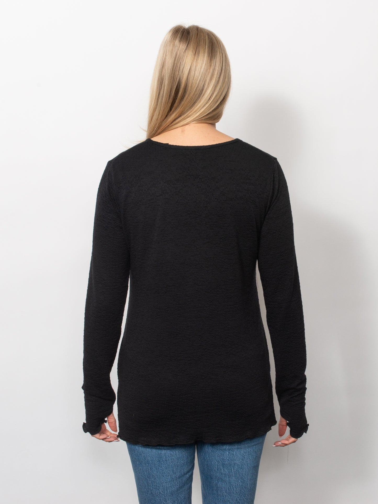 Seersucker V-Neck Top With Thumbholes
