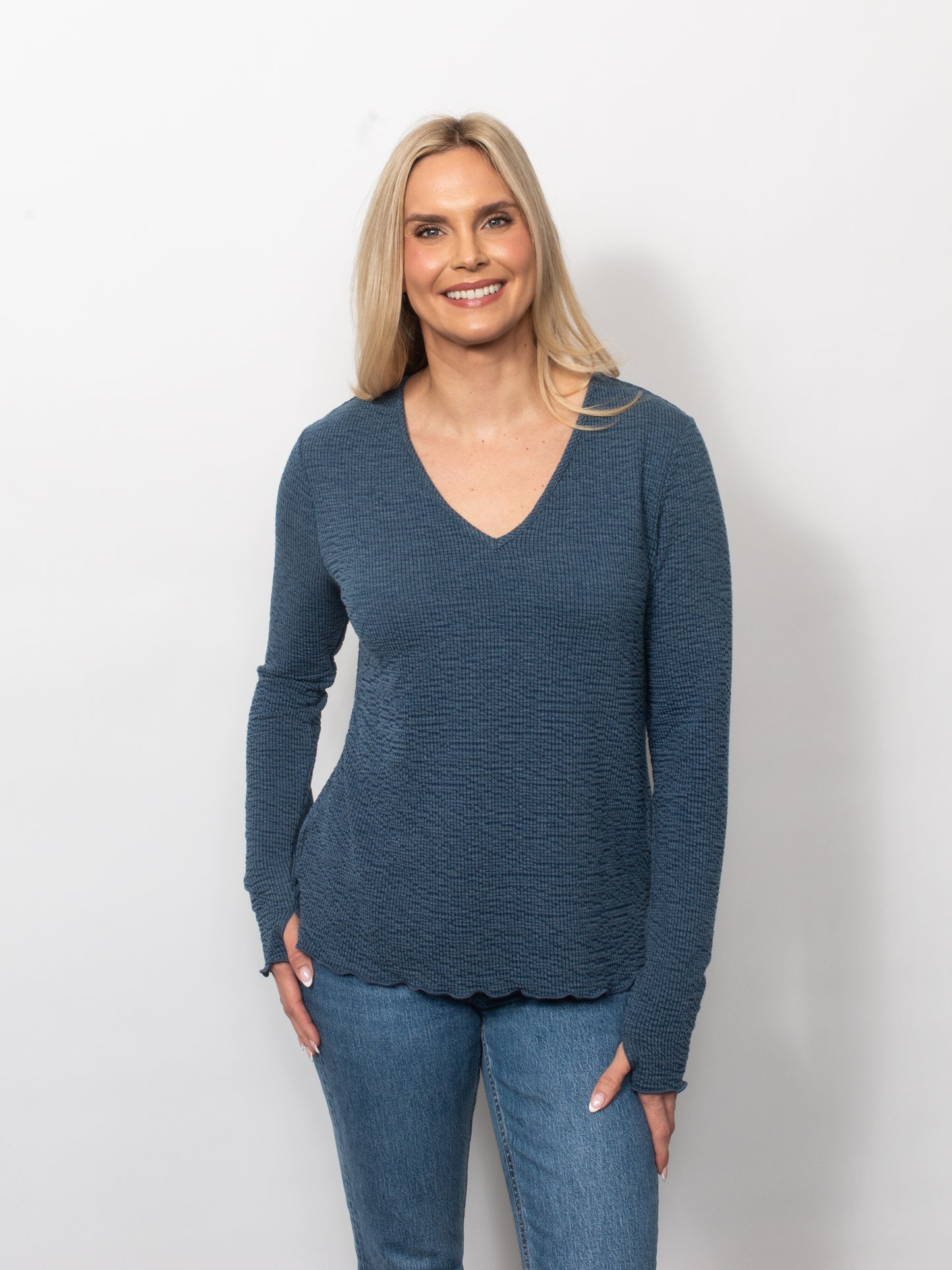 Seersucker V-Neck Top With Thumbholes