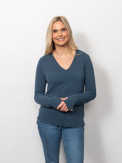 Seersucker V-Neck Top With Thumbholes