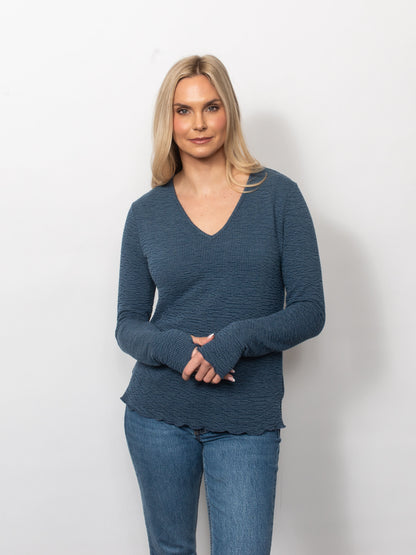 Seersucker V-Neck Top With Thumbholes