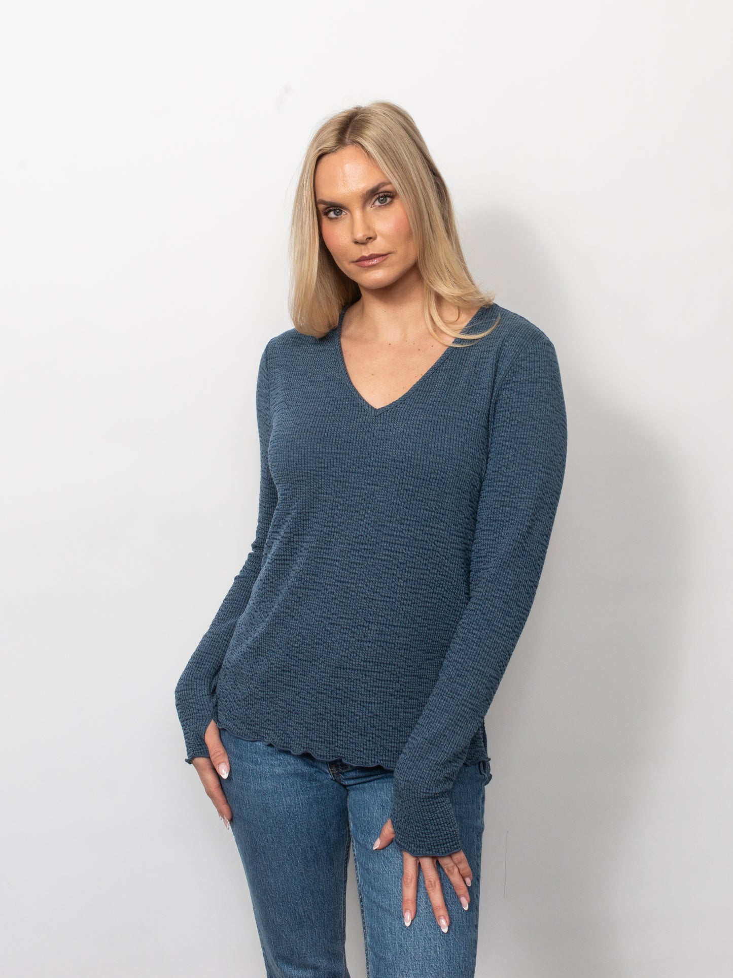 Seersucker V-Neck Top With Thumbholes