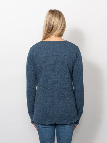 Seersucker V-Neck Top With Thumbholes