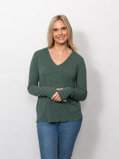 Seersucker V-Neck Top With Thumbholes