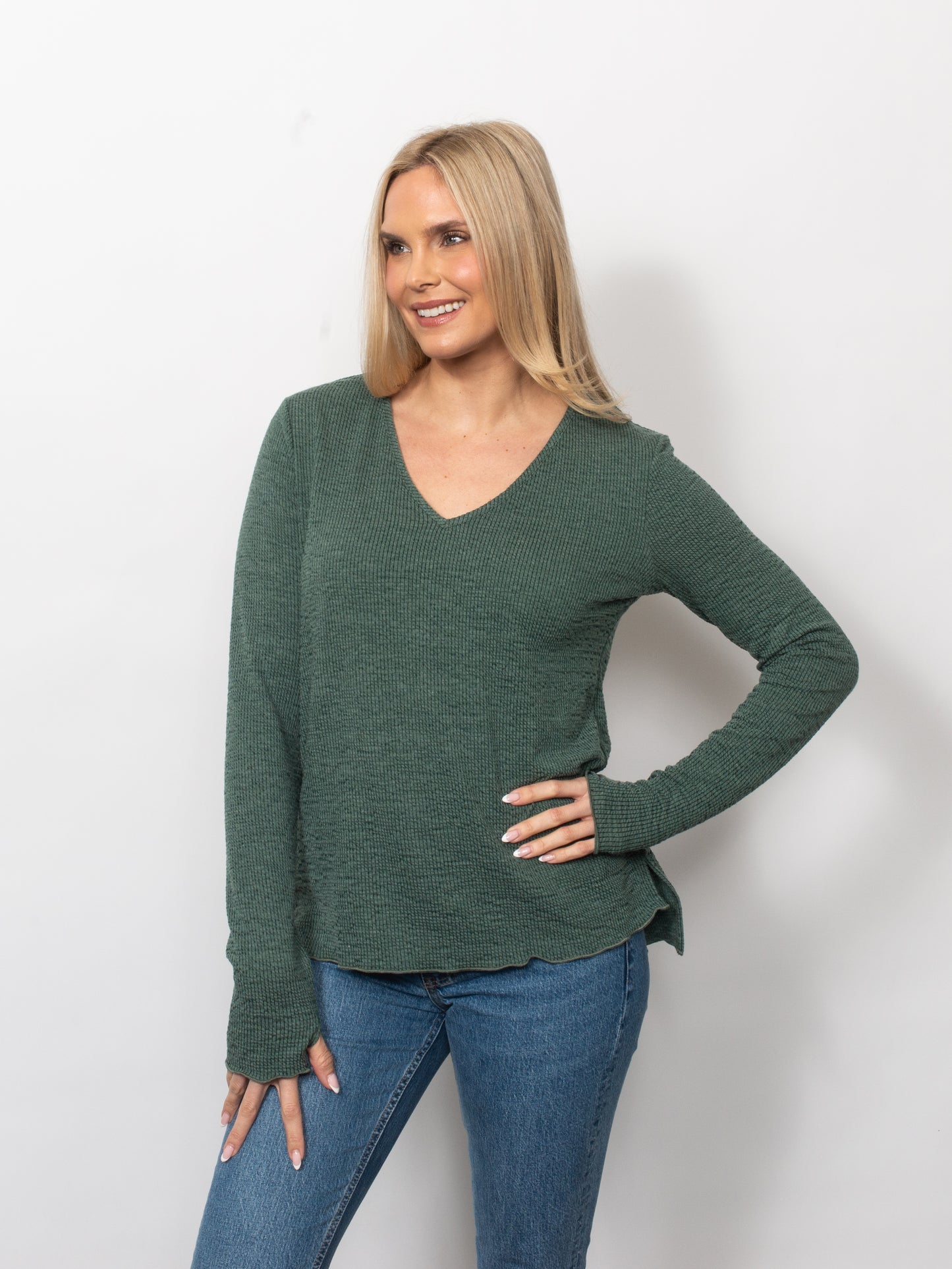 Seersucker V-Neck Top With Thumbholes