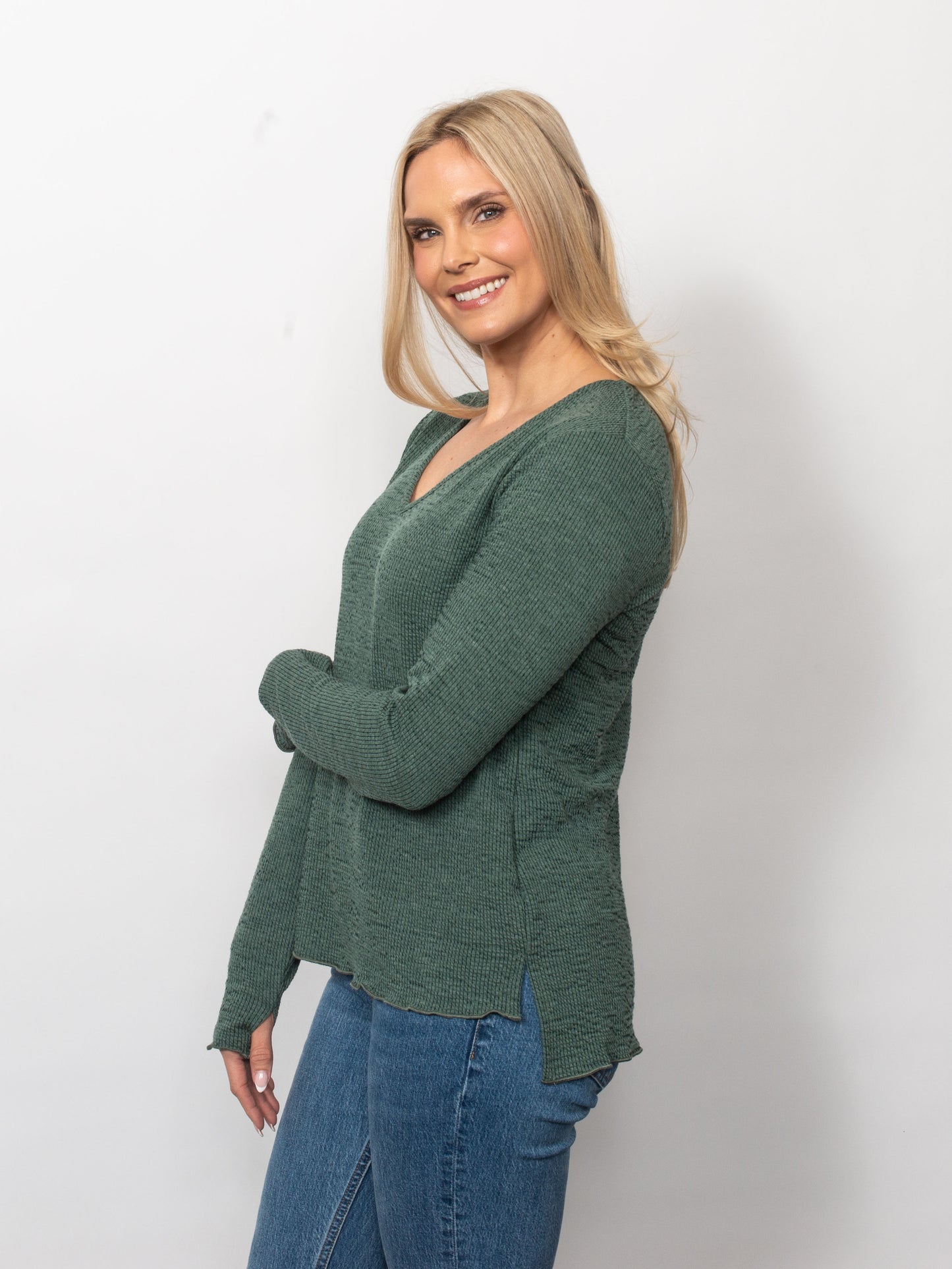 Seersucker V-Neck Top With Thumbholes