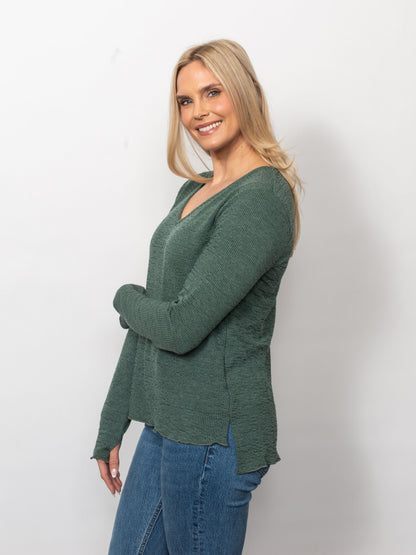 Seersucker V-Neck Top With Thumbholes