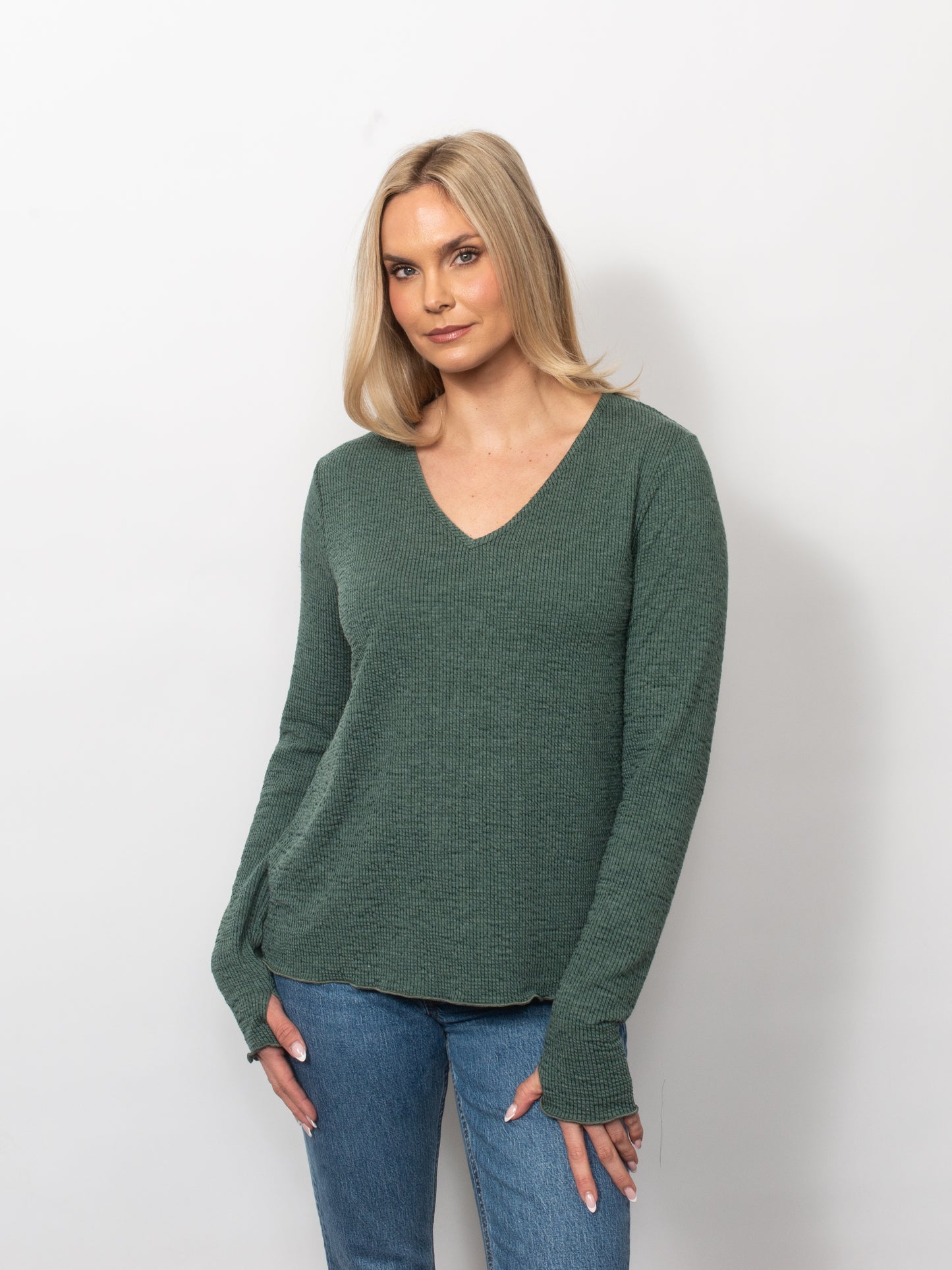 Seersucker V-Neck Top With Thumbholes