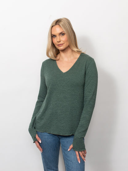 Seersucker V-Neck Top With Thumbholes